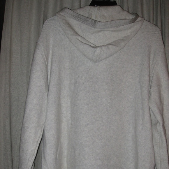 Men's thick HOODED knit sweater, POCKETS, Large, Ivory, Gray Heathered - Picture 2 of 3